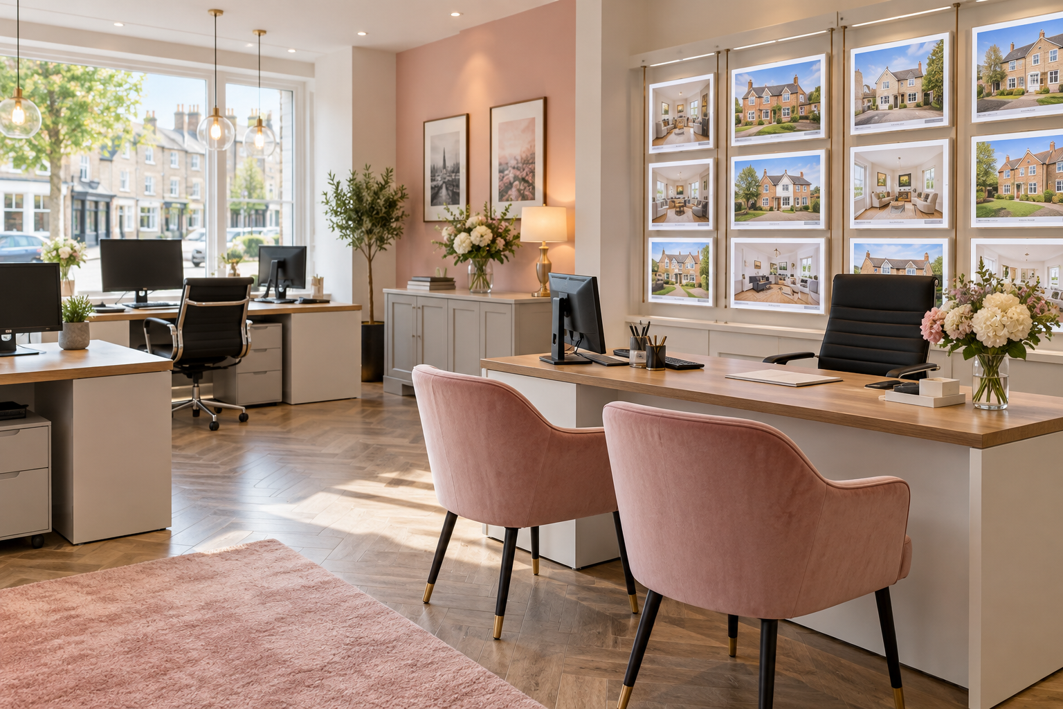 Clean estate agent office with computers, client chairs and property displays